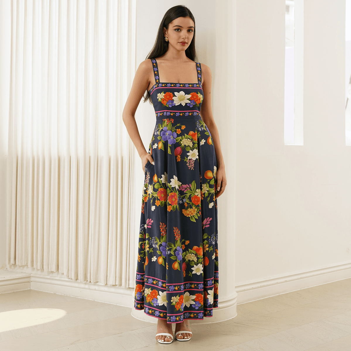 yumi kim maxi dress Kara in NAVY Colorful Embroidery Dusty Blue Plunge Long stopping entrance in our Price:880