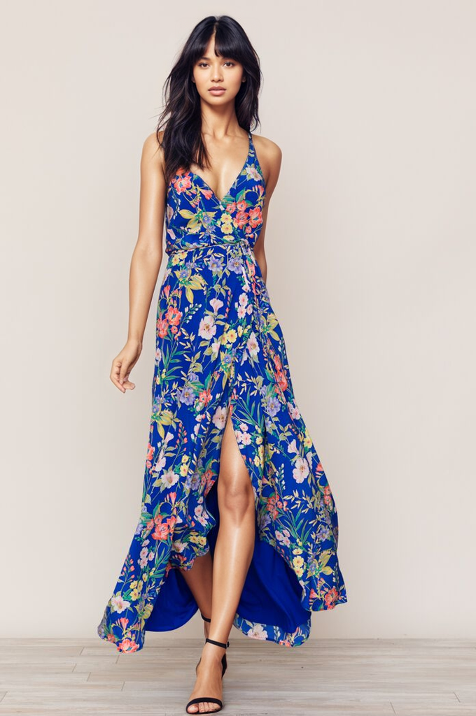 RUSH HOUR SILK MAXI DRESS | WEDDING GUEST | DR-1478M | S18 | YUMIKIM flowing Rush Hour Silk Maxi Dress is your new go-to from weddings to running around the city. The blue floral dress includes a crossover bodice with deep v-neckline.