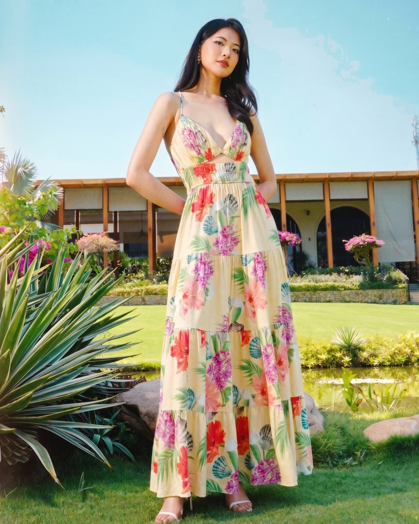 yumi embroidered dress Plus Size Long Chiffon V Neck Dress With Floral Applique Embroidery main image 1