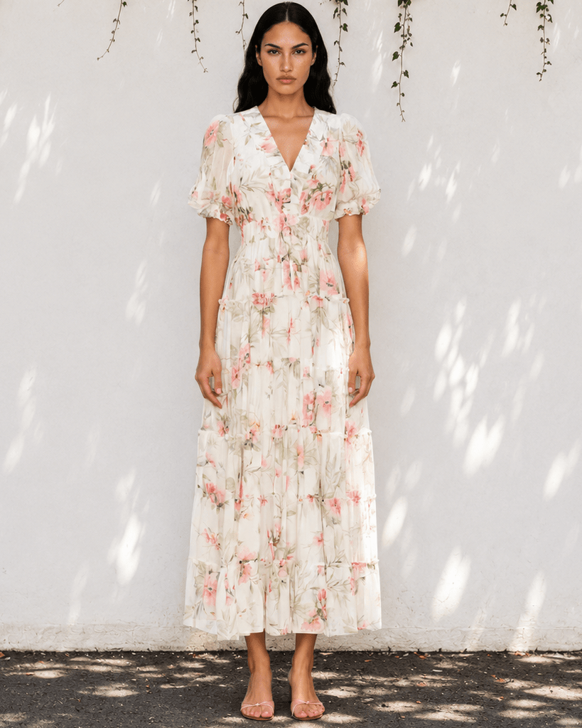 tropical cocktail dress Tropical Print Short Bubble Sleeves Midi Dress M main image 1