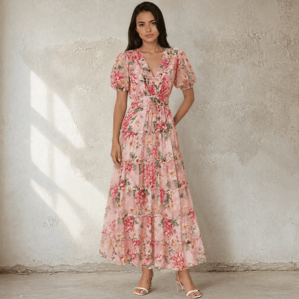 yumi kim maxi dress Farrah in PINK Colorful Embroidery Dusty Blue Plunge Long stopping entrance in our Price:880