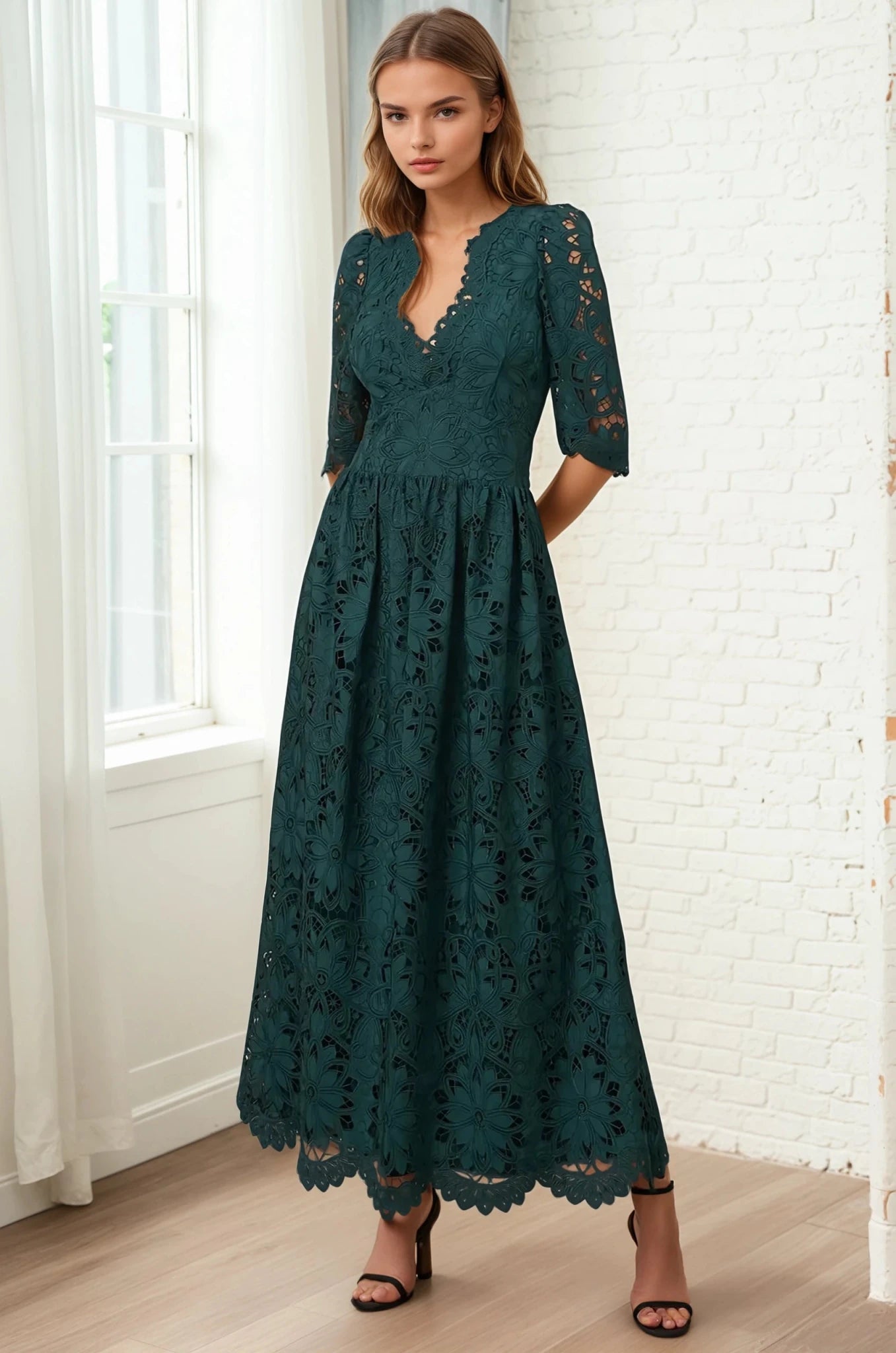slim fit dress slacks Off Shoulder Emerald Green Lace A line Long Custom Evening Prom Dresse –  SposaDresses main image 1