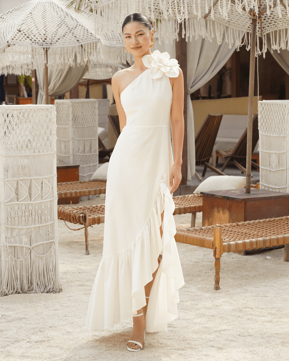 asymmetrical ruched maxi dress Linen Midi Sleeveless Dress in Beige by Solen Mara | Wedding Guest Dress | Flowy Sleeveless Summer Linen Dress main image 0