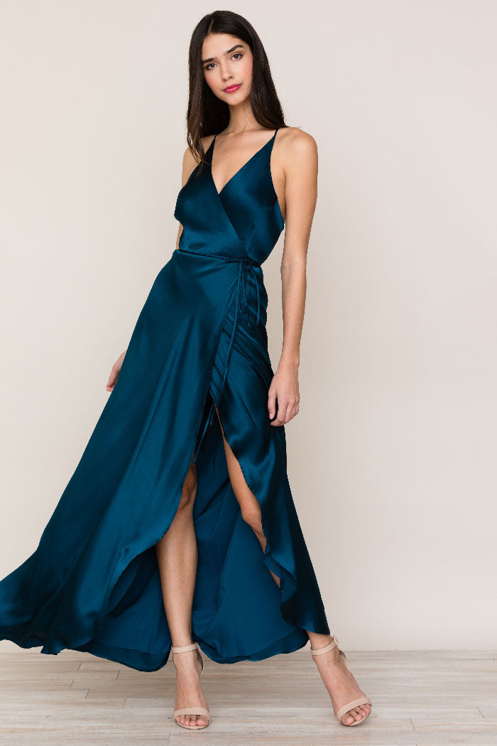 Yumi store Kim Slit Maxi Dress - Satin - size S - NWT - color Antique Blue